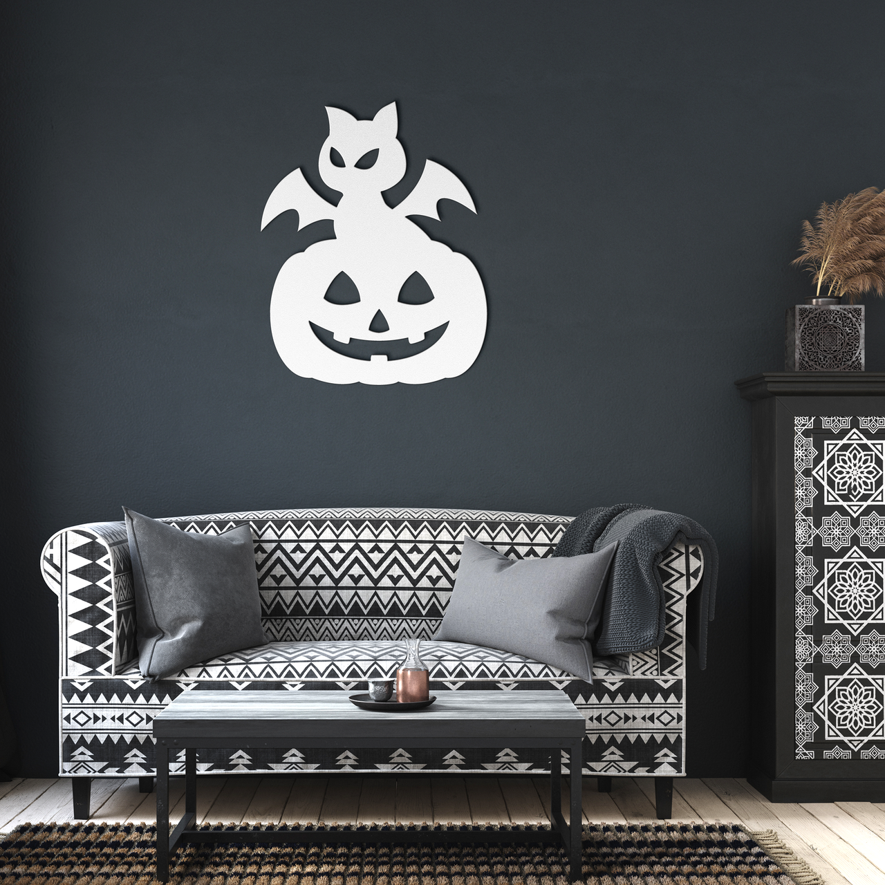 Cat Bat Jack O' Lantern Halloween Metal Wall Art